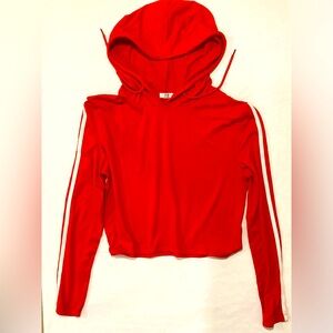 Ardene medium lightweight tomato red hoodie with white stripes on arms